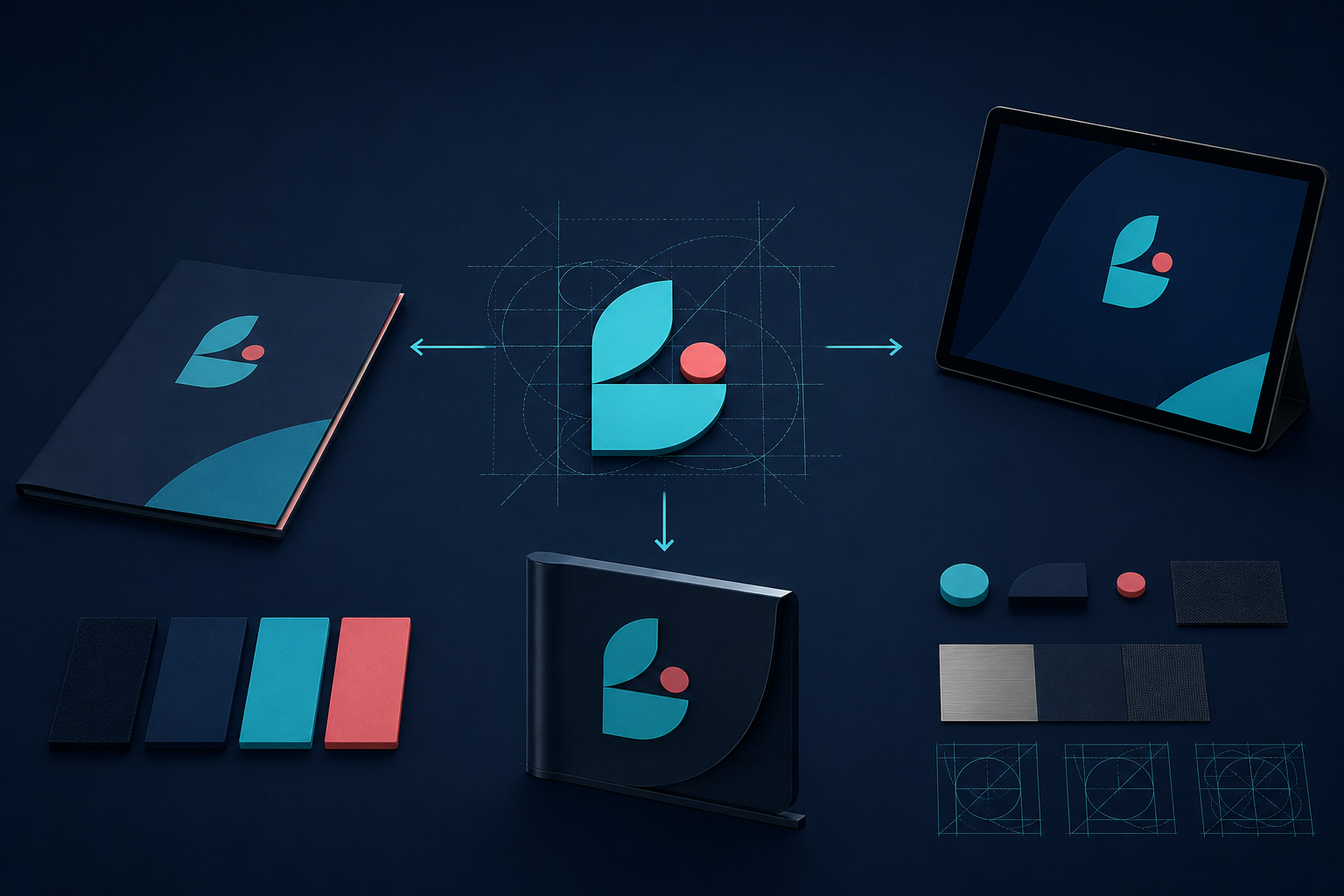 Illustration de l'offre identité visuelle : logo, palette et système graphique cohérent