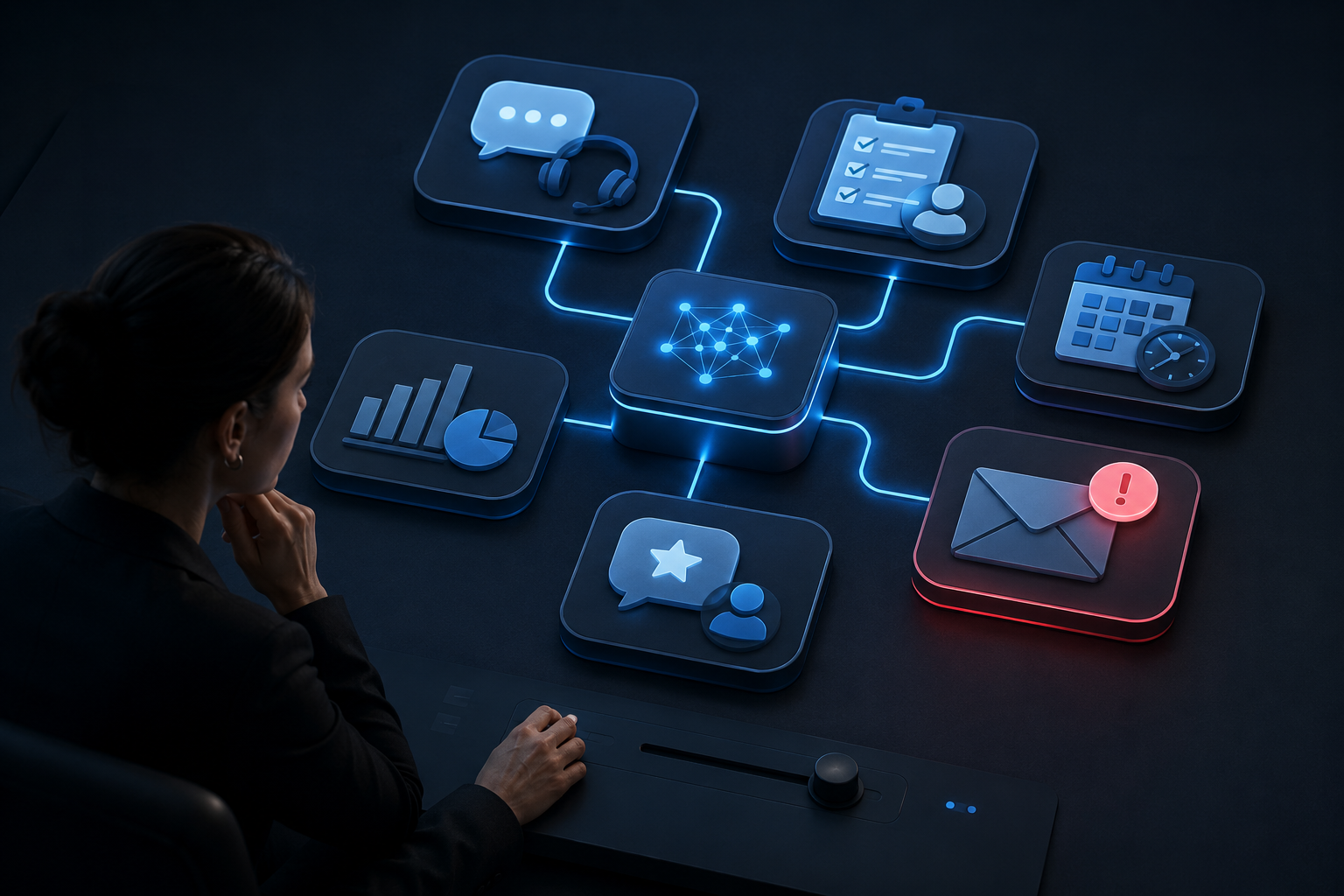 Illustration de l'offre automatisations et agents IA : orchestration des demandes, relances et reporting