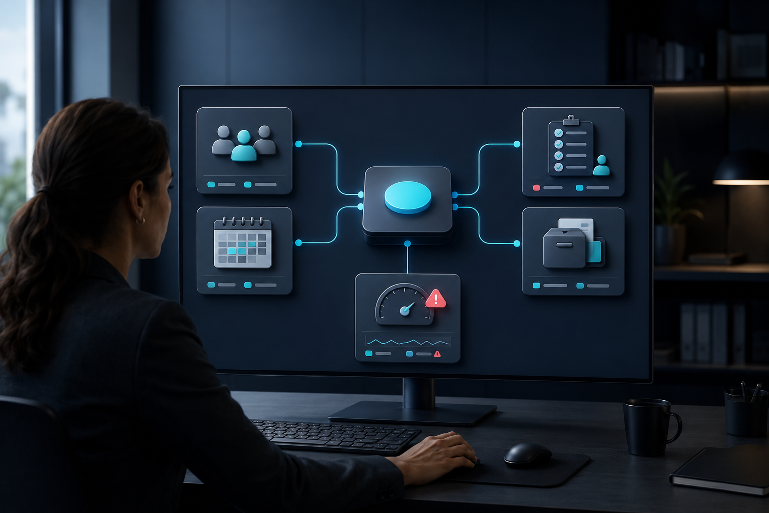 Illustration de l'offre logiciel métier sur mesure : interface centralisée, rôles et tableaux de bord